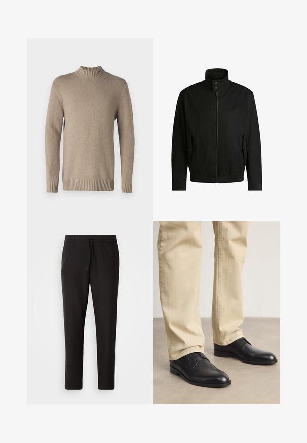 Czarna kurtka z wysokim kołnierzem, zamkiem błyskawicznym z przodu i elastycznym paskiem u dołu. Posiada boczne kieszenie z klapkami oraz subtelne detale logo.; Beżowy sweter dziany o teksturowanej powierzchni, z prążkowanym kołnierzem i mankietami. Posiada długie rękawy i prosty dół, co nadaje mu klasyczny wygląd.; Czarne spodnie dresowe wykonane z gładkiego materiału. Posiadają elastyczny pas ze sznurkiem, zwężane nogawki oraz brak widocznych kieszeni. Prosty design.; Czarne skórzane buty na sznurówki z zaokrąglonym czubkiem, gładkim wykończeniem i subtelnymi detalami szycia, noszone z jasnobeżowymi spodniami.