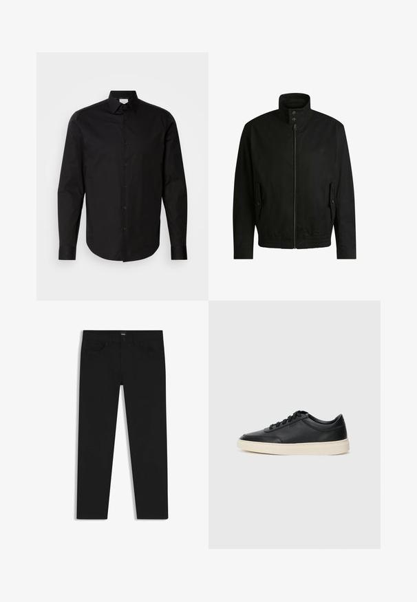 Giacca nera con colletto alto, chiusura con zip e vita elasticizzata. Presenta tasche laterali con flap di copertura e dettagli del logo discreti.; Camicia nera a maniche lunghe con bottoni, realizzata in morbido cotone. Presenta un colletto classico, bottoni frontali e un orlo curvo.; Pantaloni in denim nero con taglio dritto, dotati di vita standard, cinque tasche e chiusura con bottone. Texture liscia su tutta la superficie.; Sneaker in pelle nera a basso profilo con lacci neri e suola avorio, mostrato di profilo su sfondo bianco.
