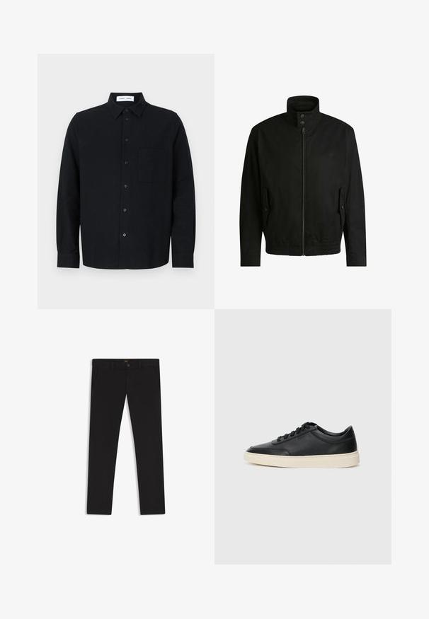 Zwarte jas met een hoge kraag, ritssluiting aan de voorkant en elastische tailleband. Voorzien van zijzakken met deksels en subtiele logo-details.; Zwart overhemd met knoopsluiting, kraag, één borstzak, lange mouwen en een rechte zoom. Gemaakt van gestructureerde stof.; Zwarte broek van stof met een gladde textuur. Bevat een knoopsluiting, riemlussen en zijzakken. Standaard straight-leg ontwerp.; Zwarte leren sneaker met lage schacht, zwarte veters en off-white zool, weergegeven in zijprofiel op een witte achtergrond.