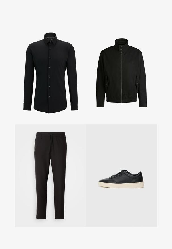 Black jacket with a high collar, zippered front, and elastic waistband. Features side pockets with cover flaps and subtle logo detailing.; Black long-sleeve shirt crafted from smooth fabric, featuring a button-up front, collar, and tailored fit with subtle stitching detail.; Black jogger pants made of smooth fabric. Feature an elastic waistband with a drawstring, tapered legs, and no visible pockets. Simple design.; Black low-top leather sneaker with black laces and off-white sole shown in side profile on white background.