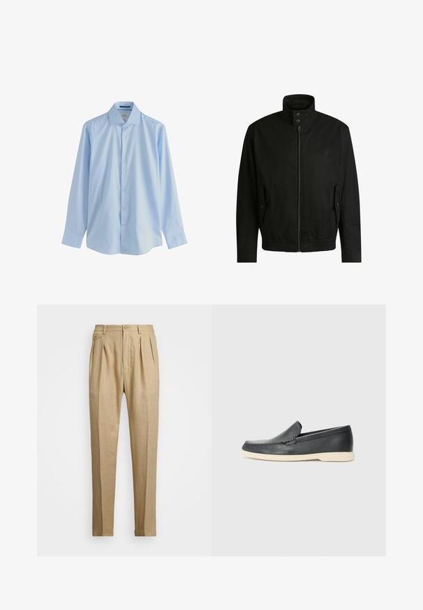 Musta takki korkealla kauluksella, vetoketjulla edessä ja joustavalla vyötäröllä. Varustettu sivutaskuilla, joissa on suojapeitteet ja hienovarainen logotaito.; Vaaleansininen pitkähihaisista nappikauluspaidasta, joka on valmistettu sileästä kankaasta, jossa on terävä kaulus ja seitsemän nappia edessä, rento malli ja napitettu hihansuu.; Vaaleat pellavahousut suoralinjaisella leikkauksella, joissa on kaksi etukaitaletta, nappikiinnitys ja sivutaskut. Rakenteellinen kangas, jossa on sileä pinta.; Mustat nahkakengät ilman nauhoja, joissa on teksturoitu pinta ja kontrastoiva beige kumipohja. Kengissä on hillitty yksityiskohta etuosassa.