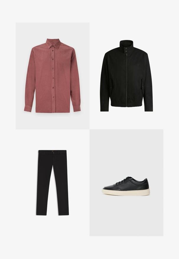 Giacca nera con colletto alto, chiusura con zip e vita elasticizzata. Presenta tasche laterali con flap di copertura e dettagli del logo discreti.; Camicia a maniche lunghe in tessuto rosa scuro, con chiusura frontale a bottoni, colletto classico e texture a costine.; Pantaloni neri realizzati in tessuto con una superficie liscia. Presentano una chiusura con bottone, passanti per cintura e tasche laterali. Design a gamba dritta standard.; Sneaker in pelle nera a basso profilo con lacci neri e suola avorio, mostrato di profilo su sfondo bianco.