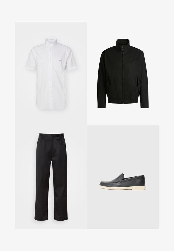 Zwarte jas met een hoge kraag, ritssluiting aan de voorkant en elastische tailleband. Voorzien van zijzakken met deksels en subtiele logo-details.; Korte mouwen witte boordloze shirt van lichtgewicht katoen, met een borstzak en een subtiele logo op de zak. Glad textuur.; Zwarte broek van een gladde stof, met een sluiting met een knoop aan de voorkant, plooien en rechte pijpen. Geen zichtbare patronen of accenten.; Zwarte leren instappers met een gestructureerde afwerking en een contrasterende beige rubberen zool. Beschikt over een subtiele accent langs de voorkant.