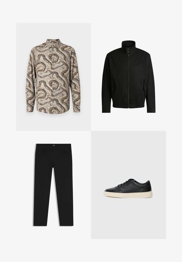 Zwarte jas met een hoge kraag, ritssluiting aan de voorkant en elastische tailleband. Voorzien van zijzakken met deksels en subtiele logo-details.; Lange mouwen overhemd in lichtbeige met een slangenhuidpatroon. Zachte stof, knoopsluiting aan de voorkant en een klassiek kraagontwerp.; Zwarte denim broek met een rechte snit, voorzien van een standaard tailleband, vijf zakken en een knoopsluiting. Gladde textuur overal.; Zwarte leren sneaker met lage schacht, zwarte veters en off-white zool, weergegeven in zijprofiel op een witte achtergrond.