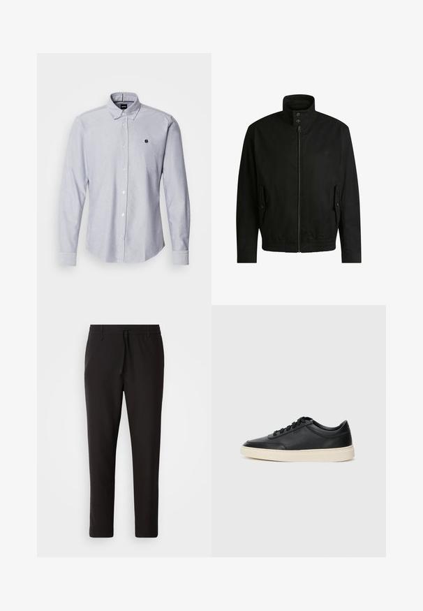 Giacca nera con colletto alto, chiusura con zip e vita elasticizzata. Presenta tasche laterali con flap di copertura e dettagli del logo discreti.; Camicia button-up azzurro chiaro con maniche lunghe, realizzata in un tessuto testurizzato. Presenta un piccolo logo sul lato sinistro del petto e polsini standard.; Pantaloni jogger neri realizzati in tessuto liscio. Presentano una vita elasticizzata con stringa, gambe affusolate e senza tasche visibili. Design semplice.; Sneaker in pelle nera a basso profilo con lacci neri e suola avorio, mostrato di profilo su sfondo bianco.