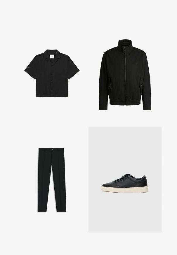 Musta takki korkealla kauluksella, vetoketjulla edessä ja joustavalla vyötäröllä. Varustettu sivutaskuilla, joissa on suojapeitteet ja hienovarainen logotaito.; Mustapaitainen lyhythihainen paita, jossa nappikiinnitys, tasainen kaulus, sileä pinta ja hienovarainen kuvio kankaassa. Sisällä on merkki "LES DEUX".; Musta housut, joissa on suora lahje, valmistettu sileästä kankaasta. Edessä nappisulku ja vyölenkit. Yksinkertainen ilman kuvioita.; Musta matalavartinen nahkastretchu, jossa on mustat nauhat ja vaaleanharmaa pohja, esitetty sivuprofiilissa valkoista taustaa vasten.