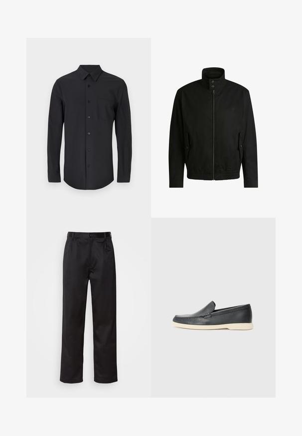 Sort jakke med høj krave, lynlåslukning foran og elastisk liv. Har sidelommer med coverlapper og subtile logo-detaljer.; Sort langærmet skjorte i et glat materiale med klassisk krave, knaplukning og en brystlomme på venstre side.; Sorte bukser lavet af glat stof, med frontknaplukning, pressefolder og lige ben. Ingen synlige mønstre eller accenter.; Sorte læder slip-on loafers med en struktureret overflade og en kontrasterende beige gummisål. Har en subtil detalje langs forsiden.