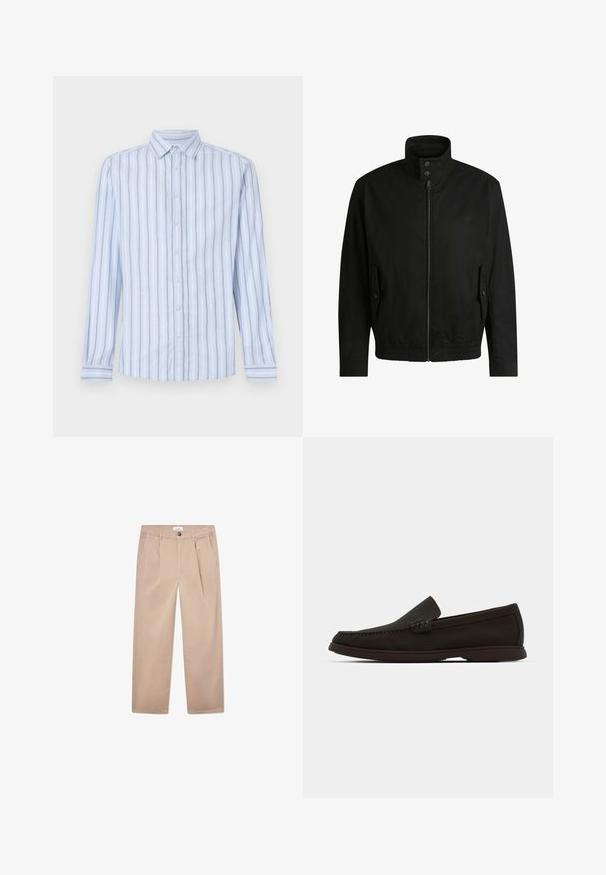 Musta takki korkealla kauluksella, vetoketjulla edessä ja joustavalla vyötäröllä. Varustettu sivutaskuilla, joissa on suojapeitteet ja hienovarainen logotaito.; Vaaleansininen pitkähihaisessa paidassa on valkoisia ja tummansinisia pystysuoria raitoja, napillinen kaulus ja etunapitus. Raikas kangasrakennus.; Khaki-housut, jotka on valmistettu puuvillasta, suoralla lahkeella, kahdella etutaskulla, napituksella ja klassisella istuvuudella.; Tummanruskeat mokkanahkasaappaat, joissa on ommeltu varvas, matala kumipohja ja rakennekoristeet ylemmässä osassa.