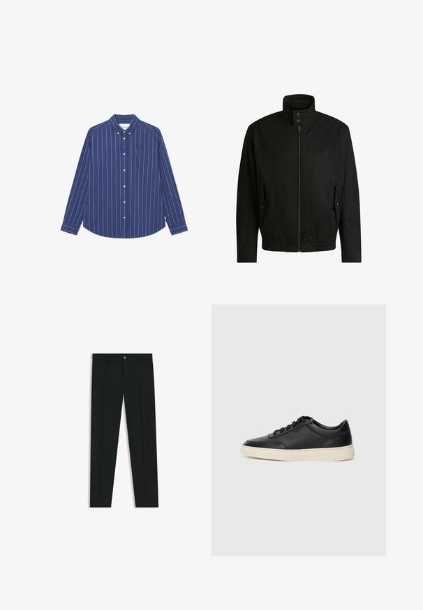 Giacca nera con colletto alto, chiusura con zip e vita elasticizzata. Presenta tasche laterali con flap di copertura e dettagli del logo discreti.; Camicia button-up blu navy con righe verticali bianche, maniche lunghe e taschino sul petto. Realizzata in tessuto liscio con un design colletto.; Pantaloni neri in tessuto lisci, con design a gamba dritta. Presentano una chiusura frontale con bottone e passanti per cintura. Senza fantasie.; Sneaker in pelle nera a basso profilo con lacci neri e suola avorio, mostrato di profilo su sfondo bianco.
