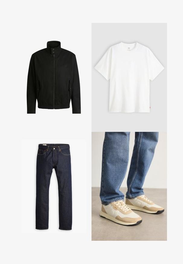 Zwarte jas met een hoge kraag, ritssluiting aan de voorkant en elastische tailleband. Voorzien van zijzakken met deksels en subtiele logo-details.; Witte pique t-shirt met korte mouwen van katoen en een ronde hals. Heeft een subtiele reliëf logo-detail aan de voorkant en een rood label aan de zoom.; Donkerblauwe denim jeans met een rechte pijp, oranje stiksels en stijl met vijf zakken, voorzien van een metalen knoopsluiting.; Beige en crème sneakers van suède en mesh materialen, met een gestructureerde zool en tonaal accent, gecombineerd met blauwe spijkerbroeken.