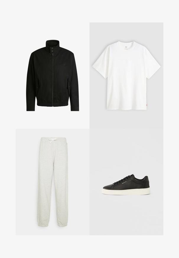 Schwarze Jacke mit hohem Kragen, Reißverschluss vorne und elastischem Bund. Enthält Seitentaschen mit Klappen und dezenten Logodetails.; Weißes T-Shirt mit kurzen Ärmeln aus Baumwolle und rundem Halsausschnitt. Besitzt ein dezentes, geprägtes Logo-Detail auf der Vorderseite und ein rotes Etikett am Saum.; Hellgraue Sweatpants mit einem Kordelzugbund, elastischen Bündchen und einer weichen Textur. Keine sichtbaren Muster oder zusätzlichen Hardware.; Schwarze Ledersneaker mit weißer Gummisohle, flachen Schnürsenkeln und seitlichem Markenlogo. Glatte Textur und abgerundetes Zehendesign.