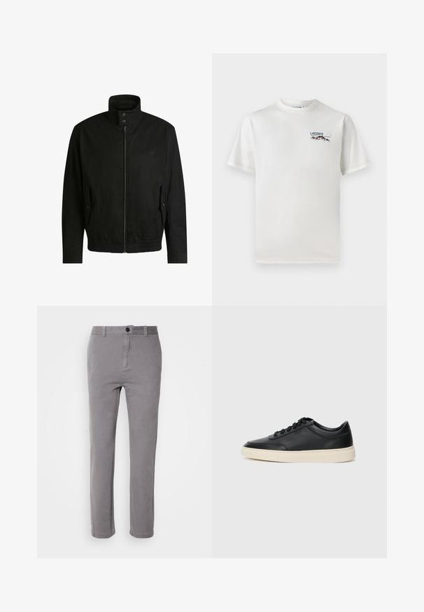 Black jacket with a high collar, zippered front, and elastic waistband. Features side pockets with cover flaps and subtle logo detailing.; White cotton T-shirt with a round neckline, short sleeves, and a small embroidered logo featuring mountains and text on the left chest.; Gray cotton blend trousers featuring a straight-leg design, single button closure, and side pockets. Smooth texture with a subtle sheen.; Black low-top leather sneaker with black laces and off-white sole shown in side profile on white background.
