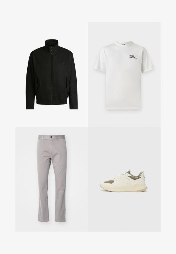 Giacca nera con colletto alto, chiusura con zip e vita elasticizzata. Presenta tasche laterali con flap di copertura e dettagli del logo discreti.; T-shirt bianco in cotone con scollatura rotonda, maniche corte e un piccolo logo ricamato che raffigura montagne e testo sul lato sinistro del petto.; BOSS SLIM - Chino - open grey; Sneaker atletica bianca e beige chiaro, con tomaia in mesh, dettagli perforati e una suola intermedia texturizzata con marchio sul tallone.