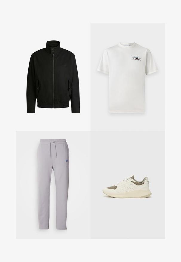 Black jacket with a high collar, zippered front, and elastic waistband. Features side pockets with cover flaps and subtle logo detailing.; White cotton T-shirt with a round neckline, short sleeves, and a small embroidered logo featuring mountains and text on the left chest.; Light gray sweatpants with a drawstring waist, side pockets, and zippers at the ankles. Features a small blue logo on the front.; White and light beige athletic sneaker, featuring a mesh upper, perforated detailing, and a textured midsole with branding on the heel.