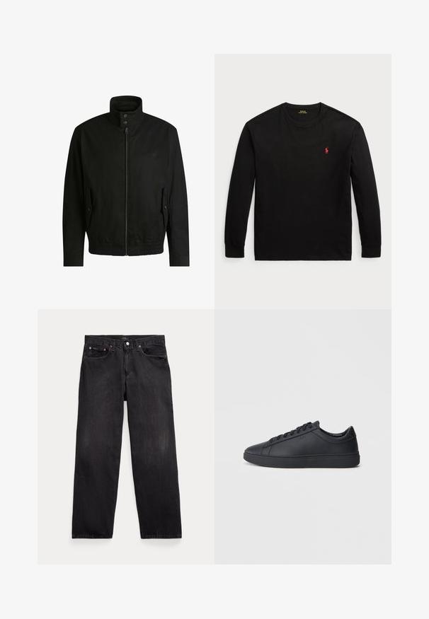 Musta takki korkealla kauluksella, vetoketjulla edessä ja joustavalla vyötäröllä. Varustettu sivutaskuilla, joissa on suojapeitteet ja hienovarainen logotaito.; Musta pitkähihaisen t-paita 100 % puuvillaa. Ominaisuuksiin kuuluu pyöreä pääntie, ribatut hihansuut ja pieni punainen brodeerattu logo rinnassa. Silkkinen pinta.; Mustat farkut, joissa on rento istuvuus, viisi taskua, nappisuljenta ja hieno haalistuminen kankaan pinnalla.; Mustat lenkkarit, jotka on valmistettu sileästä nahasta, matalalla varrella, pyöreällä varvalla ja tasaisella kumipohjalla. Varusteena nauhat ja huomaamaton brändäys.