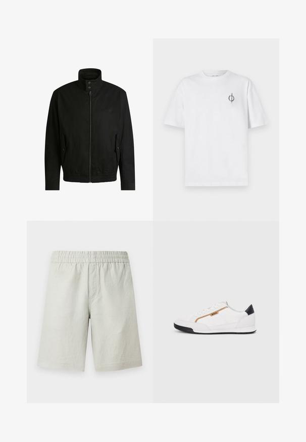 Giacca nera con colletto alto, chiusura con zip e vita elasticizzata. Presenta tasche laterali con flap di copertura e dettagli del logo discreti.; T-shirt in cotone bianco con vestibilità rilassata, presenta un piccolo logo grafico nero nella zona sinistra del petto. Maniche corte, collo a giro.; Pantaloncini grigio chiaro realizzati in tessuto strutturato, con fascia elastica in vita e tasche laterali; design a taglio dritto.; Scarpe sportive bianche con accenti in rete e pelle. Presentano un logo dorato "BOSS", pannelli laterali testurizzati e un copri tallone nero. Suola in gomma.