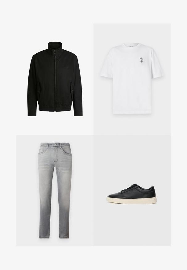 Zwarte jas met een hoge kraag, ritssluiting aan de voorkant en elastische tailleband. Voorzien van zijzakken met deksels en subtiele logo-details.; Witte katoenen t-shirt met een ontspannen pasvorm, voorzien van een klein zwart graphic logo op de linkerkant van de borst. Korte mouwen, ronde hals.; Grijze denim jeans met een slim fit, voorzien van een middelhoge taille, vijf zakken en subtiele vervaging overal. Klassieke stiksels langs de naden.; Zwarte leren sneaker met lage schacht, zwarte veters en off-white zool, weergegeven in zijprofiel op een witte achtergrond.