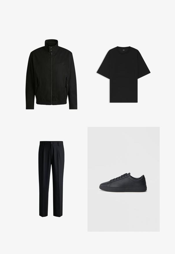 Schwarze Jacke mit hohem Kragen, Reißverschluss vorne und elastischem Bund. Enthält Seitentaschen mit Klappen und dezenten Logodetails.; Schwarzes Kurzarm-T-Shirt mit Rundhalsausschnitt, entspannt geschnitten und mit einem kleinen "BOSS"-Label im Innenkragen.; Schwarze Hose aus glattem Stoff, mit geradem Bein-Design, Falten vorne und einem Knopfverschluss mit Gürtelschlaufen.; Schwarze Sneaker aus glattem Leder mit einem tiefen Design, runder Zehenform und flacher Gummi-Sohle. Mit Schnürsenkeln und dezentem Branding.