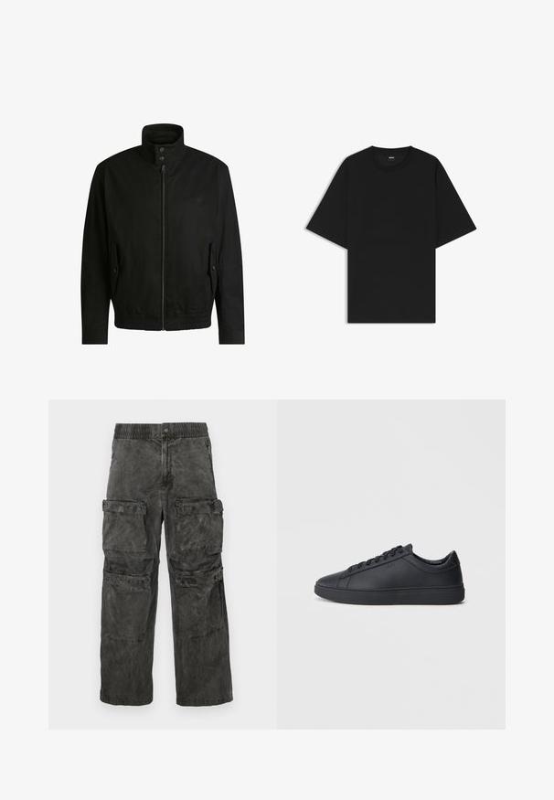 Musta takki korkealla kauluksella, vetoketjulla edessä ja joustavalla vyötäröllä. Varustettu sivutaskuilla, joissa on suojapeitteet ja hienovarainen logotaito.; Mustapaitainen lyhythihainen crew neck -t-paita rentoa mitoitusta ja pienellä "BOSS" -merkinnällä sisäkauluksessa.; Cargo-housut haalistuneesta mustasta kangasta, joissa on joustava vyötärö, useita sivutaskuja ja hieman pesty pinta.; Mustat lenkkarit, jotka on valmistettu sileästä nahasta, matalalla varrella, pyöreällä varvalla ja tasaisella kumipohjalla. Varusteena nauhat ja huomaamaton brändäys.