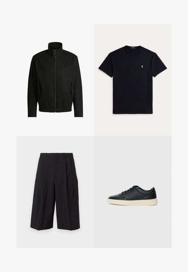 Giacca nera con colletto alto, chiusura con zip e vita elasticizzata. Presenta tasche laterali con flap di copertura e dettagli del logo discreti.; T-shirt nera in cotone con scollo rotondo, maniche corte e piccolo logo ricamato sul petto a sinistra. Texture liscia.; Shorts neri plissettati realizzati in un tessuto con una superficie liscia, dotati di chiusura frontale con bottone e gamba ampia e morbida.; Sneaker in pelle nera a basso profilo con lacci neri e suola avorio, mostrato di profilo su sfondo bianco.