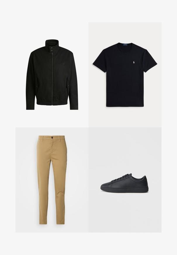 Black jacket with a high collar, zippered front, and elastic waistband. Features side pockets with cover flaps and subtle logo detailing.; Black cotton t-shirt featuring a crew neckline, short sleeves, and a small embroidered logo on the left chest. Smooth texture.; Khaki trousers made of cotton. Slim fit design with a smooth texture, front pockets, and a single button closure at the waist.; Black sneakers made of smooth leather with a low-top design, round toe, and flat rubber sole. Features laces and subtle branding.