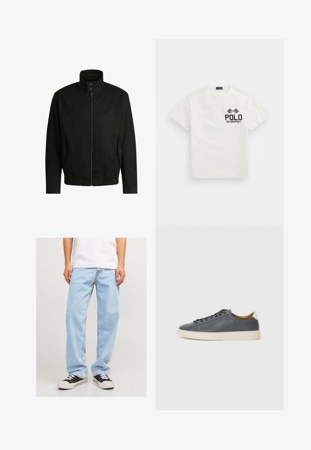 Svart jacka med hög krage, dragkedja fram och elastiskt midjeband. Har fickor på sidorna med lock och subtil logodetalj.; Vit bomulls T-shirt med rund hals, med en svart "Polo Motorsport" logotyp och korsade rutig flaggor på vänster bröst.; Ljusblå denimjeans med avslappnad passform, med rakt ben och standardstickning, tillsammans med svarta sneakers.; Grå lädersneaker med rund tå, gummisula, plana snörningar och ljusa accenter på hälen. Slät textur och minimalistisk design.