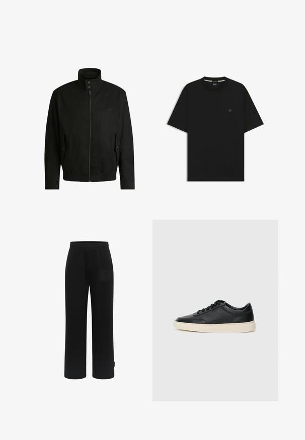 Sort jakke med høj krave, lynlåslukning foran og elastisk liv. Har sidelommer med coverlapper og subtile logo-detaljer.; Sort crew neck t-shirt lavet af blød cotton, med korte ærmer og et subtilt broderet logo på brystet. Glat tekstur.; Sorte joggerbukser lavet af blødt stof, med bred ben-design, elastisk talje og et tekstureret logo-patch på frontlommen.; Sort lavt top lædersneaker med sorte snørebånd og off-white sål vist i sideprofil på hvid baggrund.