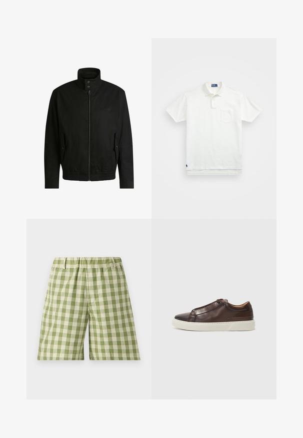 Black jacket with a high collar, zippered front, and elastic waistband. Features side pockets with cover flaps and subtle logo detailing.; White polo shirt made of cotton, featuring a classic collar, three-button placket, and a left chest pocket; small logo at the hem.; Green plaid shorts featuring a lightweight fabric, elastic waistband, and side pockets. The check pattern alternates between light and dark green.; Brown leather sneaker with a rounded toe, contrasting white rubber sole, stitched accents, and no visible laces. Smooth texture overall.