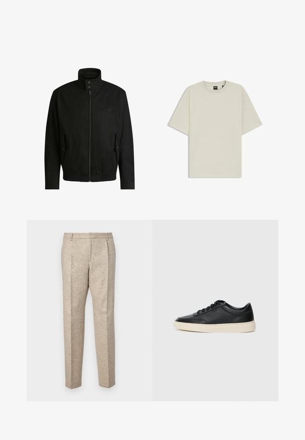 Sort jakke med høj krave, lynlåslukning foran og elastisk liv. Har sidelommer med coverlapper og subtile logo-detaljer.; Lys beige t-shirt lavet af blødt bomuld, med en afslappet pasform, rund hals og korte ærmer. Ingen synlige mønstre eller detaljer.; Beige skræddersyede bukser lavet af tekstureret stof, med to forklaringer, bælteløkker og lige ben.; Sort lavt top lædersneaker med sorte snørebånd og off-white sål vist i sideprofil på hvid baggrund.