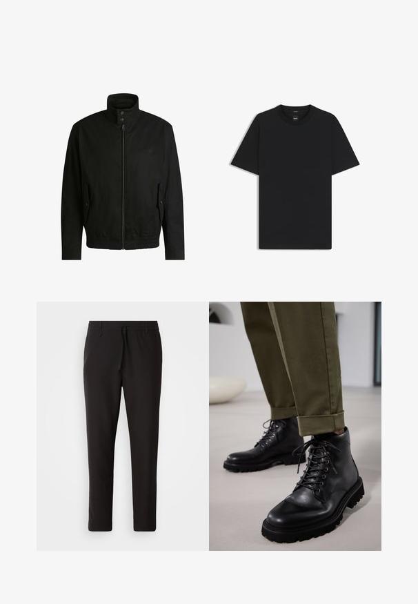Veste noire avec un col haut, fermeture éclair à l'avant et taille élastique. Dispose de poches latérales avec rabats de protection et d'un logo discret.; T-shirt noir à manches courtes en coton mélangé doux, avec un col rond et un design minimaliste sans motifs ni accents.; Pantalons de jogging noirs en tissu lisse. Dotés d'une taille élastique avec cordon de serrage, jambes fuselées, et sans poches visibles. Design simple.; Bottes en cuir noir avec une semelle en caoutchouc épaisse, présentant un design à lacets, une texture lisse et un nez renforcé. Portées avec un pantalon olive retroussé.