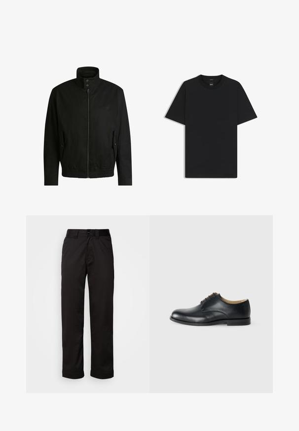 Sort jakke med høj krave, lynlåslukning foran og elastisk liv. Har sidelommer med coverlapper og subtile logo-detaljer.; Sort kortærmet T-shirt lavet af en glat bomuldsblanding, med en rund halsudskæring og et minimalistisk design uden mønstre eller accenter.; Sorte bukser lavet af glat stof med lynlås, knaplukning og opsmøgede nedenkanter for et afslappet design.; Calvin Klein Business sko - triple black