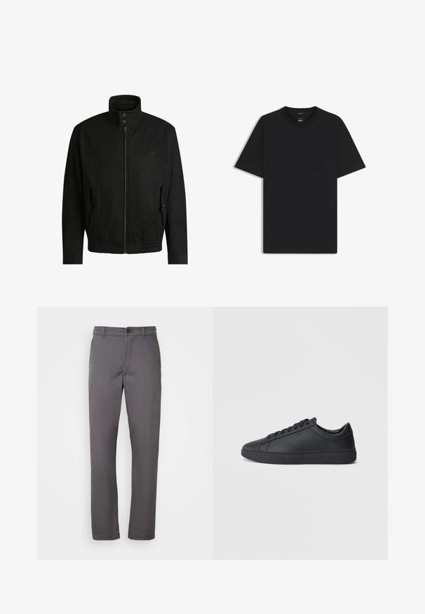 Black jacket with a high collar, zippered front, and elastic waistband. Features side pockets with cover flaps and subtle logo detailing.; Black short-sleeve T-shirt made from a smooth cotton blend, featuring a crew neckline and a minimalistic design with no patterns or accents.; Gray cotton blend trousers with a straight-leg cut, featuring a button closure and belt loops, smooth texture, and no visible patterns.; Black sneakers made of smooth leather with a low-top design, round toe, and flat rubber sole. Features laces and subtle branding.