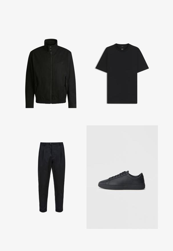 Giacca nera con colletto alto, chiusura con zip e vita elasticizzata. Presenta tasche laterali con flap di copertura e dettagli del logo discreti.; Maglietta nera a maniche corte realizzata in un morbido misto cotone, con scollatura a girocollo e un design minimalista senza motivi o dettagli.; Pantaloni neri realizzati in un tessuto liscio, dotati di una parte anteriore plissettata, vestibilità affusolata e risvolti. Chiusura semplice con bottone in vita.; Sneakers neri realizzati in pelle liscia, con design a bassa cima, punta rotonda e suola piatta in gomma. Presentano lacci e un branding discreto.