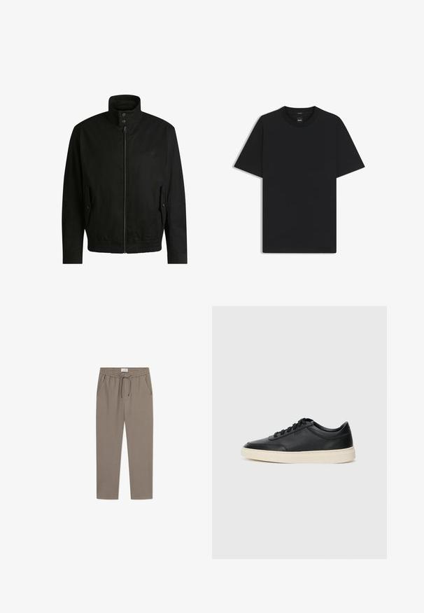 Schwarze Jacke mit hohem Kragen, Reißverschluss vorne und elastischem Bund. Enthält Seitentaschen mit Klappen und dezenten Logodetails.; Schwarz T-Shirt mit kurzen Ärmeln aus einem glatten Baumwollmix, mit Rundhalsausschnitt und einem minimalistischen Design ohne Muster oder Akzente.; Graue Jogginghosen mit elastischem Bund, Kordelzug und Seitentaschen. Der Stoff wirkt glatt mit einer entspannten Passform und schmal zulaufenden Beinen.; Schwarzer niedriger Ledersneaker mit schwarzen Schnürsenkeln und cremefarbenem Sohlenrand, seitlich auf weißem Hintergrund dargestellt.