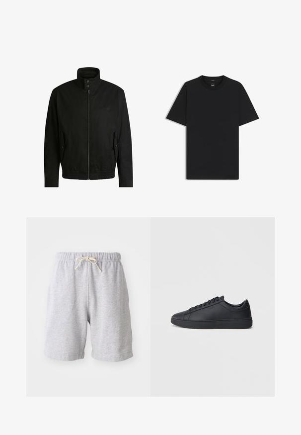 Schwarze Jacke mit hohem Kragen, Reißverschluss vorne und elastischem Bund. Enthält Seitentaschen mit Klappen und dezenten Logodetails.; Schwarz T-Shirt mit kurzen Ärmeln aus einem glatten Baumwollmix, mit Rundhalsausschnitt und einem minimalistischen Design ohne Muster oder Akzente.; Graue Baumwollshorts mit elastischem Bund und Kordelzug. Mittlere Oberschenkel-Länge, mit seitlichen Nähten und weicher Textur. Keine Taschen oder sichtbaren Muster.; Schwarze Sneaker aus glattem Leder mit einem tiefen Design, runder Zehenform und flacher Gummi-Sohle. Mit Schnürsenkeln und dezentem Branding.