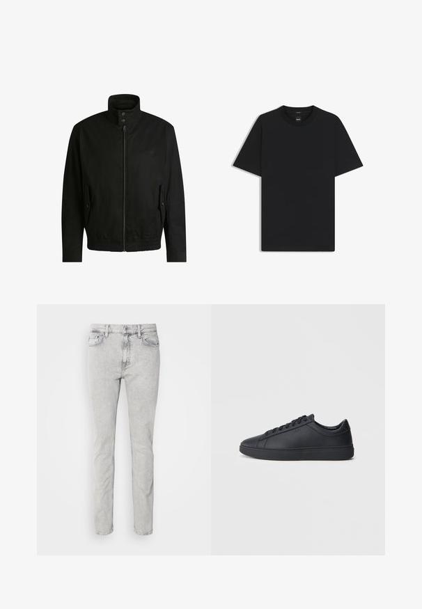 Musta takki korkealla kauluksella, vetoketjulla edessä ja joustavalla vyötäröllä. Varustettu sivutaskuilla, joissa on suojapeitteet ja hienovarainen logotaito.; Musta lyhythiha T-paita, joka on valmistettu sileästä puuvillasekoitteesta. Paita on varustettu pyöreällä pääntiehen ja siinä on minimaalinen muotoilu ilman kuvioita tai yksityiskohtia.; Vaaleanharmaat farkut, joissa on suora lahjamuotoilu, klassinen nappisuljenta, viisi taskua ja hillitty haalistumisviimeistely.; Mustat lenkkarit, jotka on valmistettu sileästä nahasta, matalalla varrella, pyöreällä varvalla ja tasaisella kumipohjalla. Varusteena nauhat ja huomaamaton brändäys.