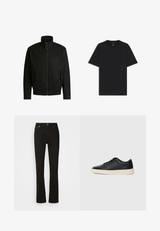 Musta takki korkealla kauluksella, vetoketjulla edessä ja joustavalla vyötäröllä. Varustettu sivutaskuilla, joissa on suojapeitteet ja hienovarainen logotaito.; Musta lyhythiha T-paita, joka on valmistettu sileästä puuvillasekoitteesta. Paita on varustettu pyöreällä pääntiehen ja siinä on minimaalinen muotoilu ilman kuvioita tai yksityiskohtia.; Mustat farkut suoraan lahkeella, joissa on etutaskut, vetoketjusuljenta ja hopeiset yksityiskohdat. Silkkinen rakenne, ilman kuvioita.; Musta matalavartinen nahkastretchu, jossa on mustat nauhat ja vaaleanharmaa pohja, esitetty sivuprofiilissa valkoista taustaa vasten.