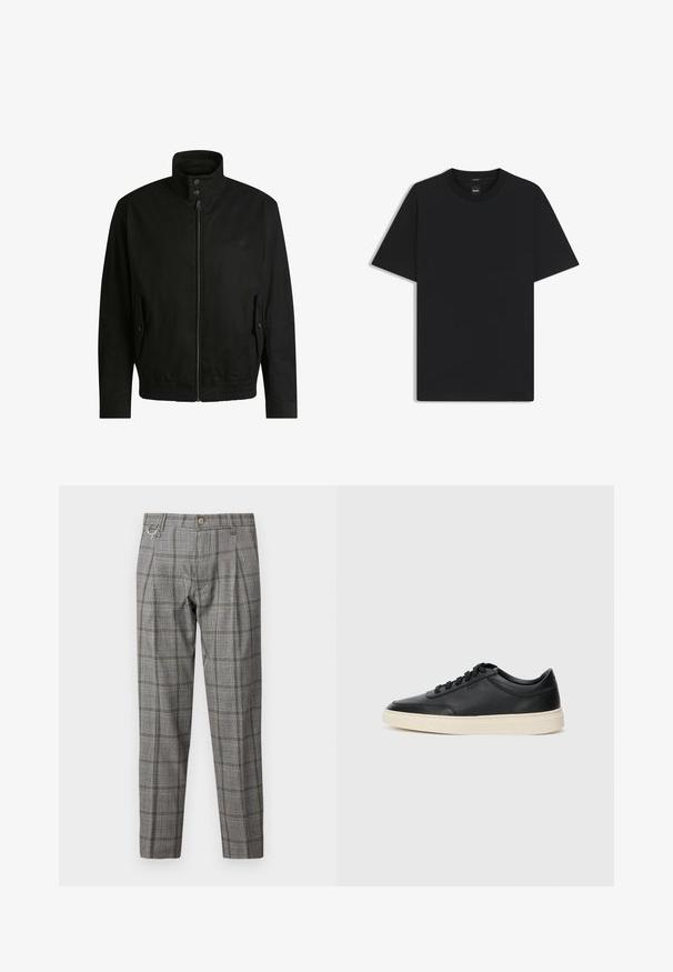 Veste noire avec un col haut, fermeture éclair à l'avant et taille élastique. Dispose de poches latérales avec rabats de protection et d'un logo discret.; T-shirt noir à manches courtes en coton mélangé doux, avec un col rond et un design minimaliste sans motifs ni accents.; Pantalons gris à carreaux avec une coupe ajustée, dotés d'une fermeture à bouton, de plis, de poches latérales et d'une boucle métallique décorative.; Baskets en cuir noires à tiges basses avec lacets noirs et semelle ivoire, présentées en profil latéral sur fond blanc.
