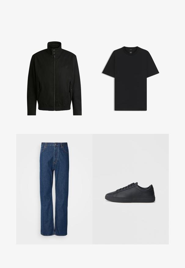 Zwarte jas met een hoge kraag, ritssluiting aan de voorkant en elastische tailleband. Voorzien van zijzakken met deksels en subtiele logo-details.; Zwarte korte mouwen T-shirt van een gladde katoenmix, met een ronde halslijn en een minimalistisch ontwerp zonder patronen of accenten.; Blauwe denim jeans met een recht gesneden ontwerp, voorzien van een knoopsluiting, vijf zakken en contrasterende stiksels langs de naden.; Zwarte sneakers van glad leer met een lage schacht, ronde neus en platte rubberen zool. Voorzien van veters en subtiele branding.