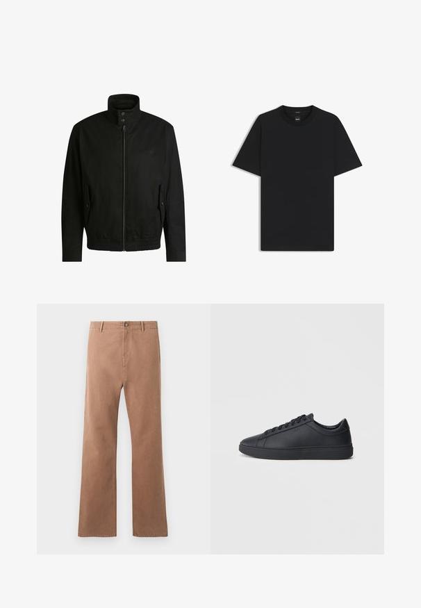 Czarna kurtka z wysokim kołnierzem, zamkiem błyskawicznym z przodu i elastycznym paskiem u dołu. Posiada boczne kieszenie z klapkami oraz subtelne detale logo.; Czarny t-shirt krótki rękaw wykonany z gładkiej mieszanki bawełny, z okrągłym dekoltem i minimalistycznym designem bez wzorów czy akcentów.; Brązowe, proste spodnie wykonane z bawełny. Posiadają zapięcie na guzik, przednie kieszenie oraz widoczne szwy wzdłuż szwów.; Czarne trampki wykonane z gładkiej skóry, w niskim kroju, z okrągłym noskiem i płaską gumową podeszwą. Posiadają sznurówki oraz dyskretną markę.