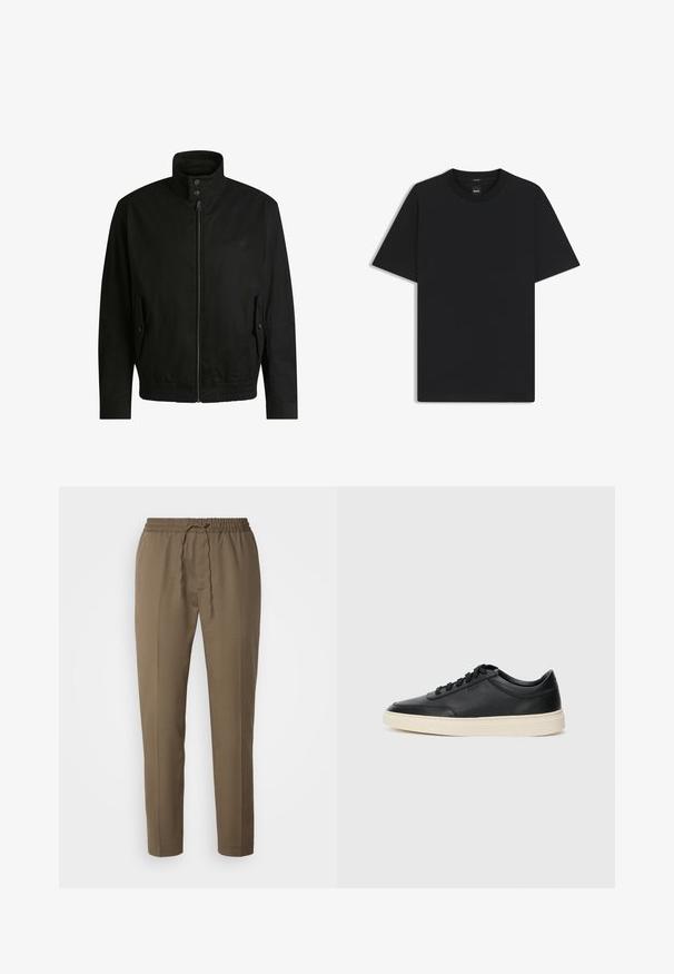 Zwarte jas met een hoge kraag, ritssluiting aan de voorkant en elastische tailleband. Voorzien van zijzakken met deksels en subtiele logo-details.; Zwarte korte mouwen T-shirt van een gladde katoenmix, met een ronde halslijn en een minimalistisch ontwerp zonder patronen of accenten.; Bruine, lichtgewicht broek met een elastische tailleband en koordje. Heeft rechte pijpen en een gladde textuur. Geen zakken.; Zwarte leren sneaker met lage schacht, zwarte veters en off-white zool, weergegeven in zijprofiel op een witte achtergrond.