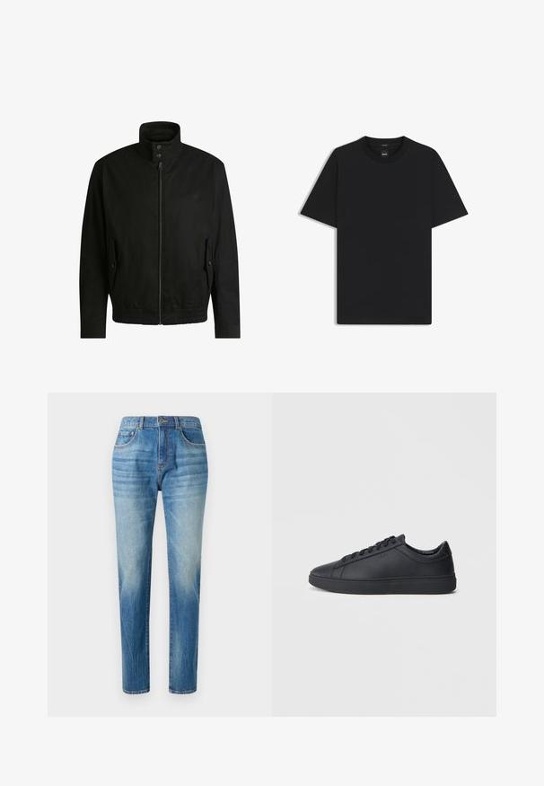 Black jacket with a high collar, zippered front, and elastic waistband. Features side pockets with cover flaps and subtle logo detailing.; Black short-sleeve T-shirt made from a smooth cotton blend, featuring a crew neckline and a minimalistic design with no patterns or accents.; Light blue denim jeans, straight leg design, featuring a high waist, subtle fading, and classic five-pocket styling. Metal button closure.; Black sneakers made of smooth leather with a low-top design, round toe, and flat rubber sole. Features laces and subtle branding.