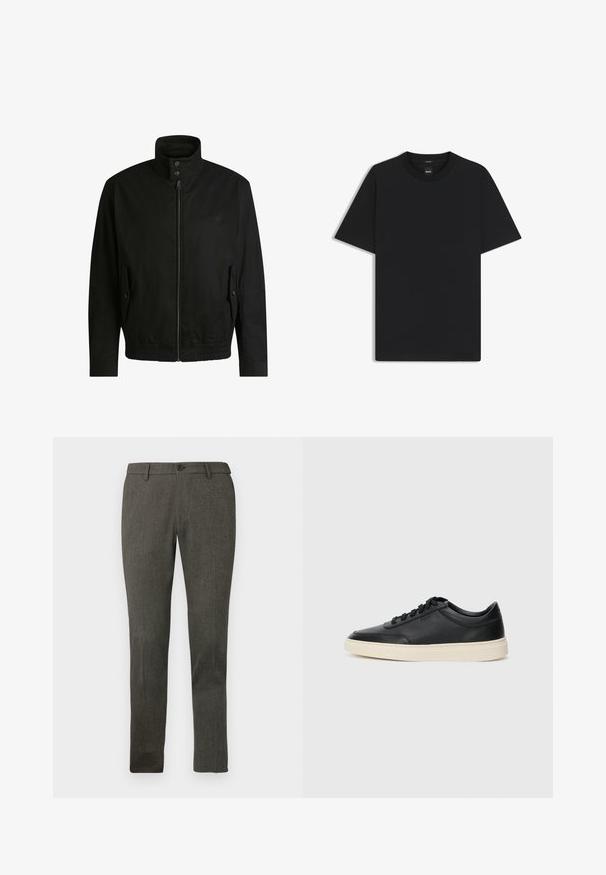 Black jacket with a high collar, zippered front, and elastic waistband. Features side pockets with cover flaps and subtle logo detailing.; Black short-sleeve T-shirt made from a smooth cotton blend, featuring a crew neckline and a minimalistic design with no patterns or accents.; Slim-fit men's dark gray dress trousers with belt loops, front button, and subtle textured fabric.; Black low-top leather sneaker with black laces and off-white sole shown in side profile on white background.