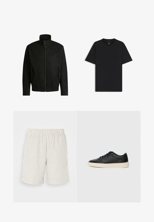 Black jacket with a high collar, zippered front, and elastic waistband. Features side pockets with cover flaps and subtle logo detailing.; Black short-sleeve T-shirt made from a smooth cotton blend, featuring a crew neckline and a minimalistic design with no patterns or accents.; Striped shorts featuring a lightweight, breathable fabric. Color is off-white with thin, vertical gray stripes. Elastic waist.; Black low-top leather sneaker with black laces and off-white sole shown in side profile on white background.