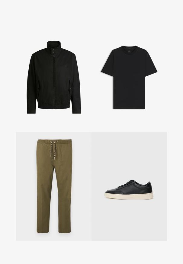 Musta takki korkealla kauluksella, vetoketjulla edessä ja joustavalla vyötäröllä. Varustettu sivutaskuilla, joissa on suojapeitteet ja hienovarainen logotaito.; Musta lyhythiha T-paita, joka on valmistettu sileästä puuvillasekoitteesta. Paita on varustettu pyöreällä pääntiehen ja siinä on minimaalinen muotoilu ilman kuvioita tai yksityiskohtia.; Oliivinvihreät housut, joissa on joustava vyötärö ja säädettävä nyöri. Suora lahkeiden muotoilu; kangas on sileää ja pehmeää.; Musta matalavartinen nahkastretchu, jossa on mustat nauhat ja vaaleanharmaa pohja, esitetty sivuprofiilissa valkoista taustaa vasten.