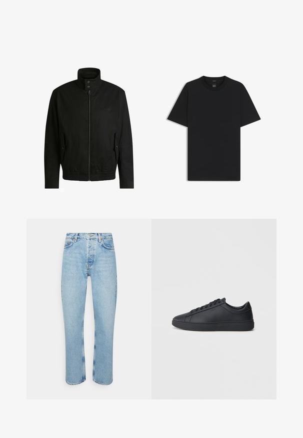 Zwarte jas met een hoge kraag, ritssluiting aan de voorkant en elastische tailleband. Voorzien van zijzakken met deksels en subtiele logo-details.; Zwarte korte mouwen T-shirt van een gladde katoenmix, met een ronde halslijn en een minimalistisch ontwerp zonder patronen of accenten.; Lichtblauwe denim jeans met een rechte snit, hoge taille, vijf-pocket ontwerp en zichtbare stikseldetails op de naden en zomen.; Zwarte sneakers van glad leer met een lage schacht, ronde neus en platte rubberen zool. Voorzien van veters en subtiele branding.
