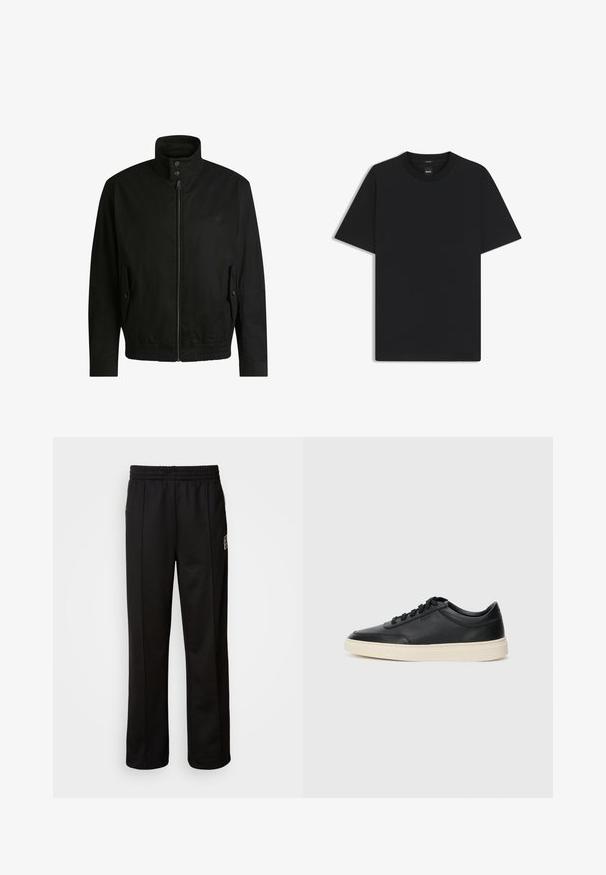 Black jacket with a high collar, zippered front, and elastic waistband. Features side pockets with cover flaps and subtle logo detailing.; Black short-sleeve T-shirt made from a smooth cotton blend, featuring a crew neckline and a minimalistic design with no patterns or accents.; Calvin Klein STRIPE - Tracksuit bottoms - black; Black low-top leather sneaker with black laces and off-white sole shown in side profile on white background.