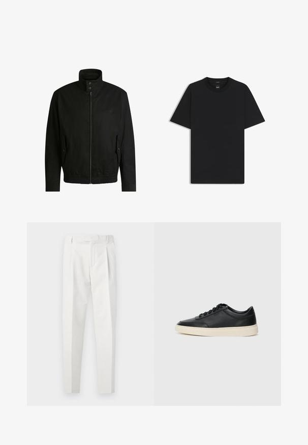 Black jacket with a high collar, zippered front, and elastic waistband. Features side pockets with cover flaps and subtle logo detailing.; Black short-sleeve T-shirt made from a smooth cotton blend, featuring a crew neckline and a minimalistic design with no patterns or accents.; White trousers with a textured finish, featuring a flat front with pleats, a streamlined cut, and a smooth waistband.; Black low-top leather sneaker with black laces and off-white sole shown in side profile on white background.