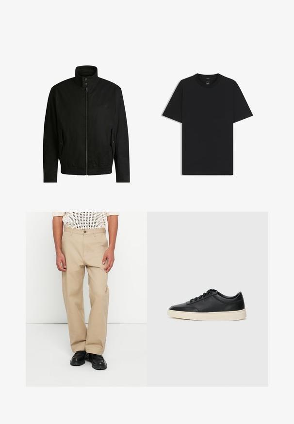 Black jacket with a high collar, zippered front, and elastic waistband. Features side pockets with cover flaps and subtle logo detailing.; Black short-sleeve T-shirt made from a smooth cotton blend, featuring a crew neckline and a minimalistic design with no patterns or accents.; Beige cotton trousers with a straight-leg design, featuring a button closure, front pockets, and a smooth texture. Worn with black shoes.; Black low-top leather sneaker with black laces and off-white sole shown in side profile on white background.
