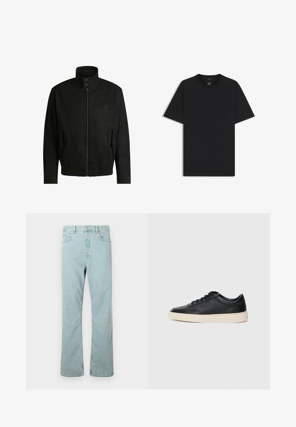 Musta takki korkealla kauluksella, vetoketjulla edessä ja joustavalla vyötäröllä. Varustettu sivutaskuilla, joissa on suojapeitteet ja hienovarainen logotaito.; Musta lyhythiha T-paita, joka on valmistettu sileästä puuvillasekoitteesta. Paita on varustettu pyöreällä pääntiehen ja siinä on minimaalinen muotoilu ilman kuvioita tai yksityiskohtia.; Vaaleansinisiä farkkuhousuja suoranlahkeisella leikkauksella, viidellä taskulla ja yhdellä napilla suljettava malli. Viimeistelty hienovaraisilla ompeluyksityiskohdilla.; Musta matalavartinen nahkastretchu, jossa on mustat nauhat ja vaaleanharmaa pohja, esitetty sivuprofiilissa valkoista taustaa vasten.